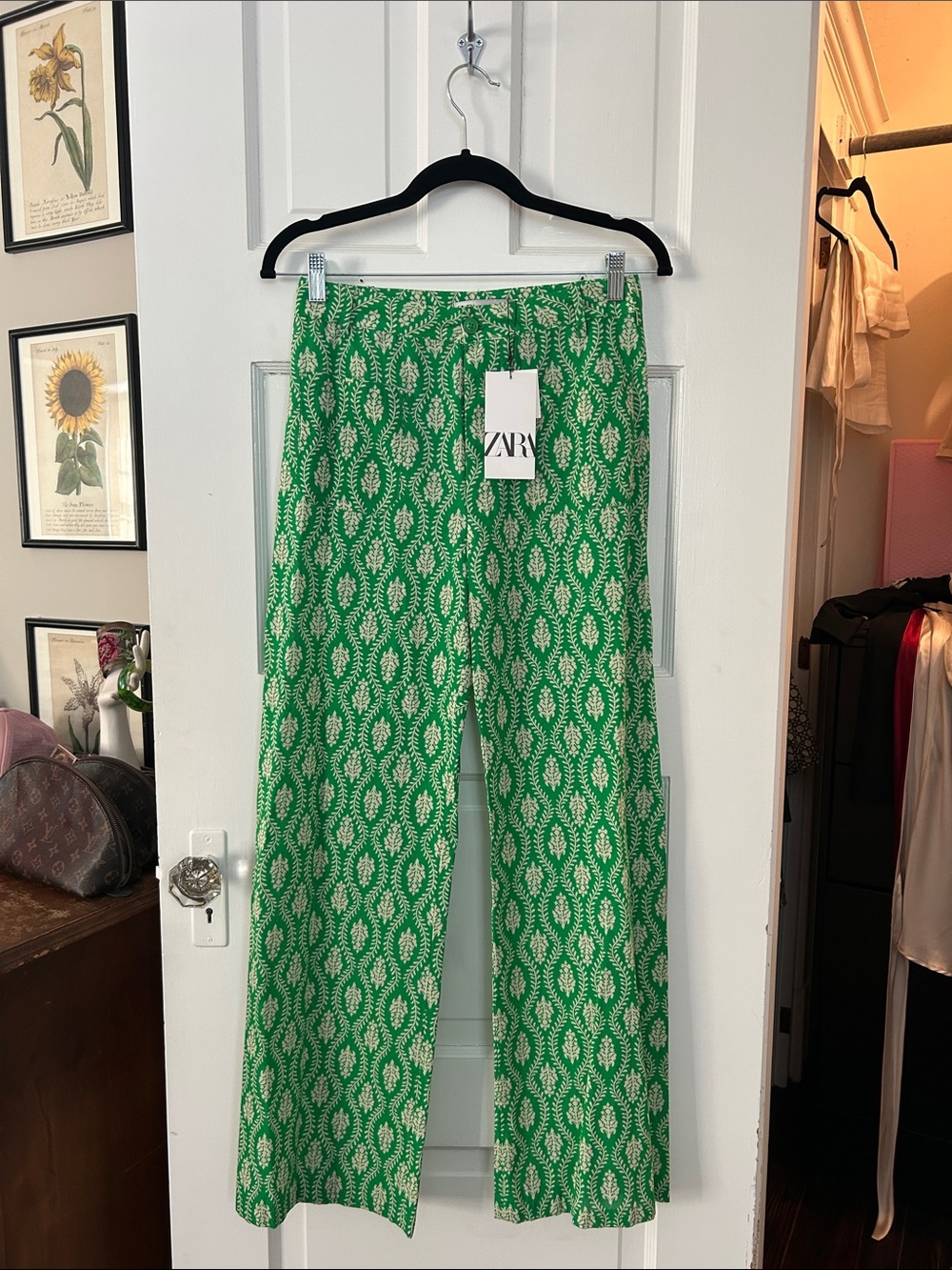 ZARA The Ava Pant. Green Printed Wide-Leg 100% Cotton Pants